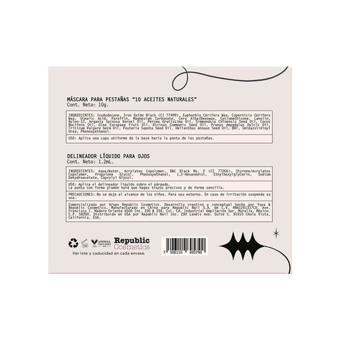 Set Máscara de Pestañas “10 Aceites Naturales” Negra + Delineador Líquido para Ojos tipo plumón Set de maquillaje Yuya