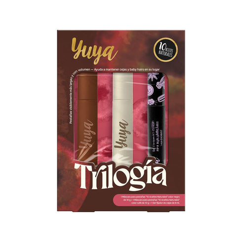 Trilogía- Máscara 10 Aceites Esenciales Negra+ Máscara 10 Aceites Café + Gel Fijador para Cejas Set de maquillaje Yuya