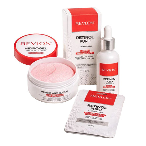 1 serum + 10 mascarillas (2 cajitas) + 1 tarro con 60 parches antiojeras Set de skincare Revlon