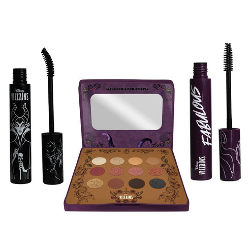 Set de Sombras Metalizadas Villanas (12 Tonos) + Máscara de pestañas Maléfica + Gel de Cejas Úrsula Set de maquillaje Disney