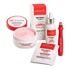 1 serum + 10 mascarillas (2 cajitas) + 1 tarro con 60 parches antiojeras + Roll-On Antiojeras Revlon